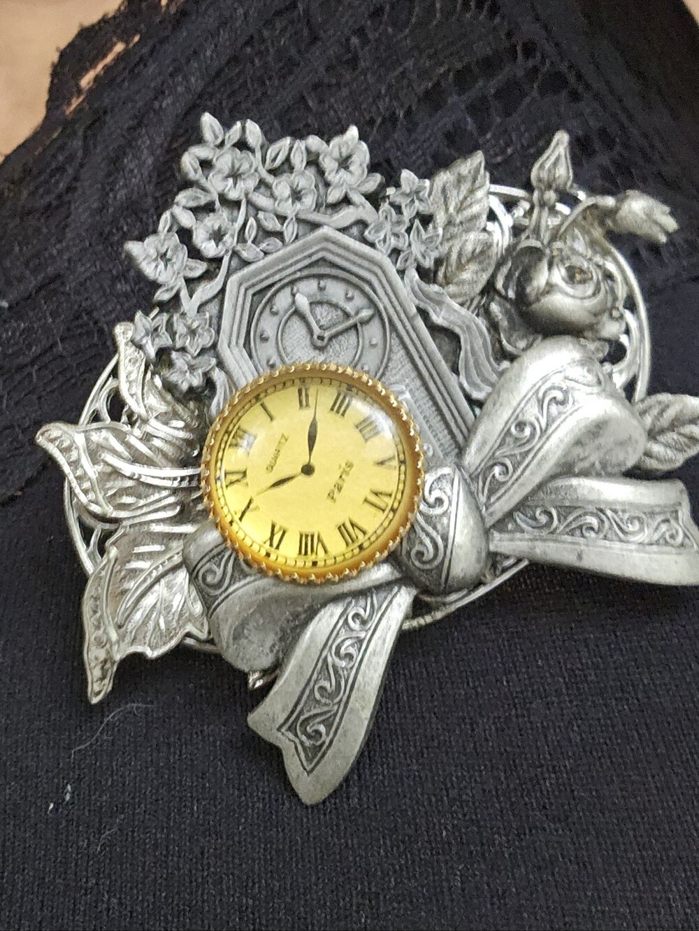 Vintage Paris Brooch, Clock Brooch Paris